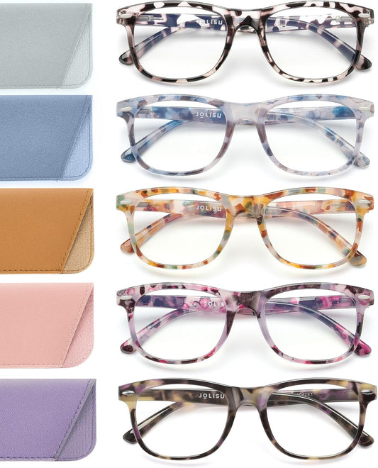 JOLISU Reading Glasses For Women - 5 Pack Stylish Readers For Womens Men Spring Hinge Eyeglasses -Blue Light Blocking Protection Frame (2.00)