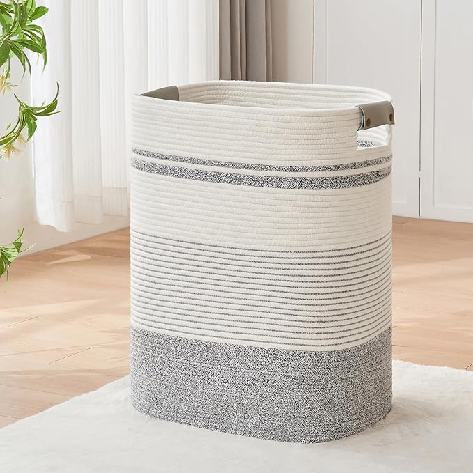 Laundry Basket with Handles - Blanket Basket & Hampers for Bedroom Aesthetic, Laundry Hamper & Blanket Storage for Living Room, Clothes Hamper, Tall, Large 17" x 14" x 22â, Grey & White