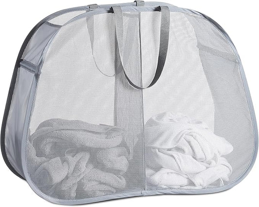 Mesh Popup Laundry Hamper 2 Compartment, Collapsible Laundry Sorter Basket Foldable Hamper for Clothes, College Dorm, Travel (Gray)