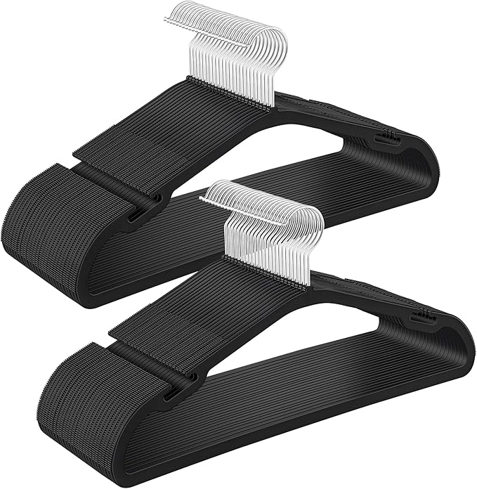 SONGMICS Clothes Hangers 50 Pack, Heavy-Duty Plastic Hangers, Coat Hangers with Wide Shoulder Notches, Pant Bar, 360Â° Swivel Hook, Space-Saving, 16.4 Inches, for Closet, Ink Black UCRP060B01