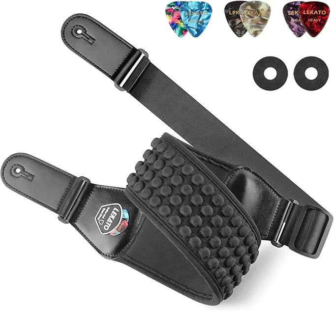 LEKATO Guitar Straps for Electric Guitar Bass, 3" Wide Padded Guitar Strap Neoprene Pad with 3D Sponge Filling Bass Guitar Straps Adjustable Length from 45" to 55" with Strap Locks, Picks, Black