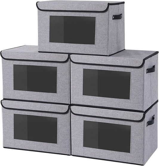 Cloth Storage Boxes, Storage Bins with Lids, 17.7 x 11.8 x 11.8 Inch Closet Organizers for Shelves Bedroom Office Organization, Gray, 5-Pack