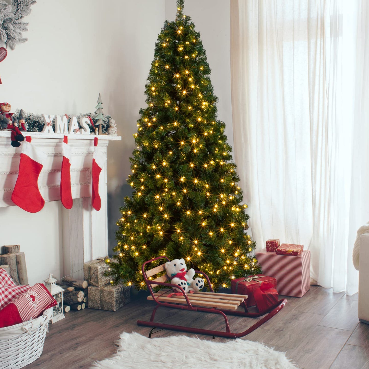 VINGLI 7ft Prelit Christmas Tree, Half Xmas Tree w/230 Warm Lights, 881 Branches Tips, Artificial Christmas Tree Perfect for Holiday, Party Unique Shape Decor