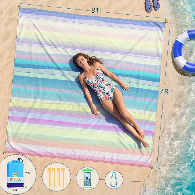 BYDOLL Beach Blanket Waterproof Sandproof 78''×81'' Suits1-4 Adults Compact Lightweight Oversized Sand-Free Blanket Large Picnic Mat for Beach Travel Camping Hiking