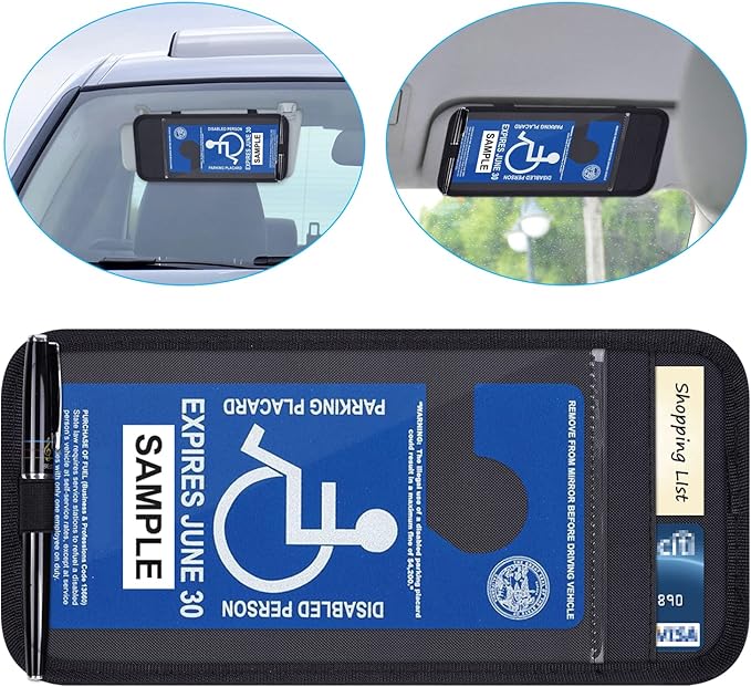 Handicap Placard Holder for Auto, Wisdompro Disabled Parking Permit Sign Protector for Car Sun Visor with Note Paper Slot, Pen Holder and Elastic Strap - Black