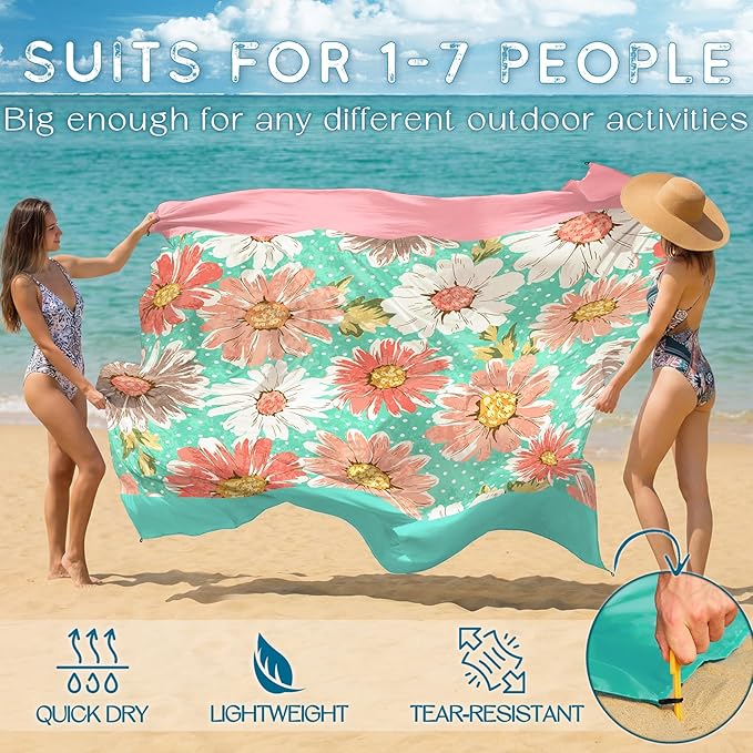 BYDOLL Beach Blanket Waterproof Sandproof 78''×110'' Suits1-7 Adults Compact Lightweight Oversized Sand-Free Blanket Large Picnic Mat for Beach Travel Camping Hiking