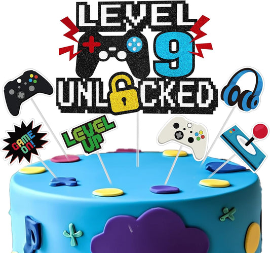 Video Game Cake Topper, Level 9 Unlocked Cake Toppers, Happy 9th Birthday Game Party Decorations for Boys Girls, Video Game Controller Themed Birthday Party Supplies for Game Fans, Kids and Men