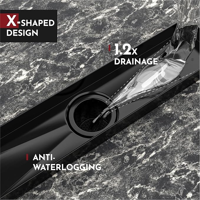 WEBANG 32 Inch Linear Shower Drain Rectangular Floor Drain with Accessories Square Hole Pattern Cover Grate Removable SUS304 Stainless Steel CUPC Certified Matte Black