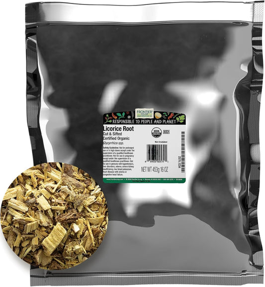 Frontier Co-op Licorice Root, Cut and Sifted, Certified Organic, Kosher | 1 lb. Bulk Bag | Glycyrrhiza species