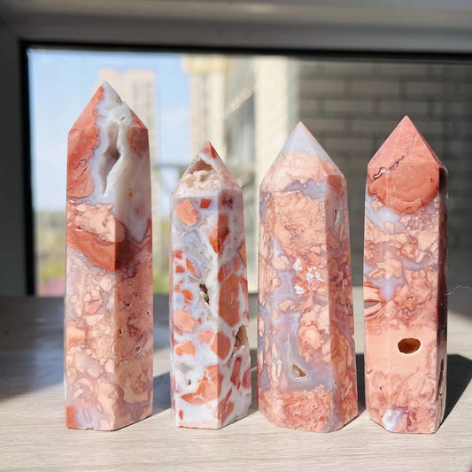 Natural Pink Agate Crystal Wand Point 2.7–4.3 inch – Polished Hexagonal Crystal Tower for Reiki Healing, Meditation, Chakra Balancing & Home Energy Decor (0.5LB(2-5pc))
