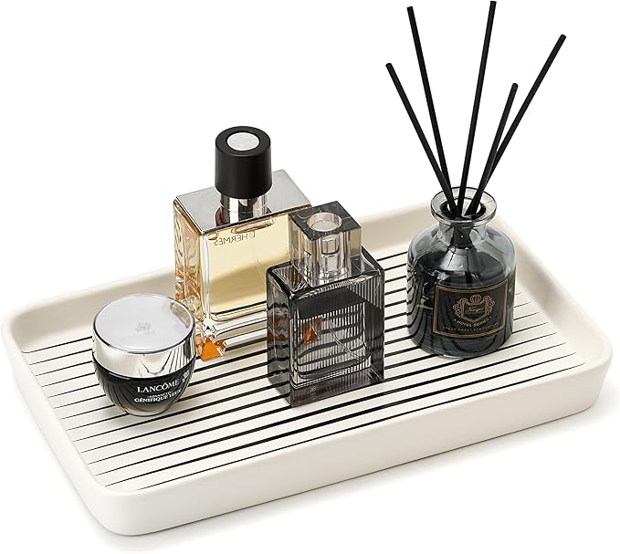 10"Ã6"Ã1" White Bathroom Vanity Tray for Countertop- Ceramic Decorative Organizer Tray for Dresser Tops, Toilet, Perfume, Sponge Holder Soap Dish Dispenser for Kitchen Counter- Black Stripes