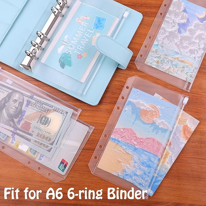 Antner 12pcs A6 Size Binder Pockets 6 Holes Budget Cash Envelopes for Budgeting, Clear Zipper Folders Loose Leaf Bags for A6 6-Ring Budget Binder, Waterproof PVC Document Pouch Filing Bags