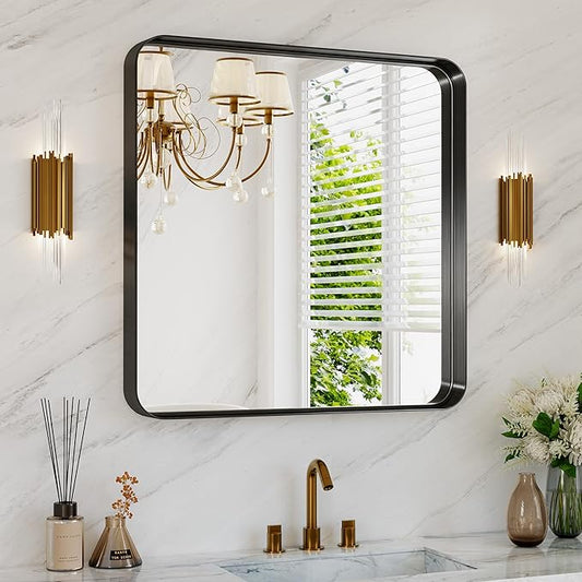 Bathroom Mirror for Wall, 30 Inch Square Mirror, Matte Black Metal Framed Square Vanity Mirror for Bathroom Bedroom Living Room Entryway, Anti-Rust, Tempered Glass, Hanging or Leaning