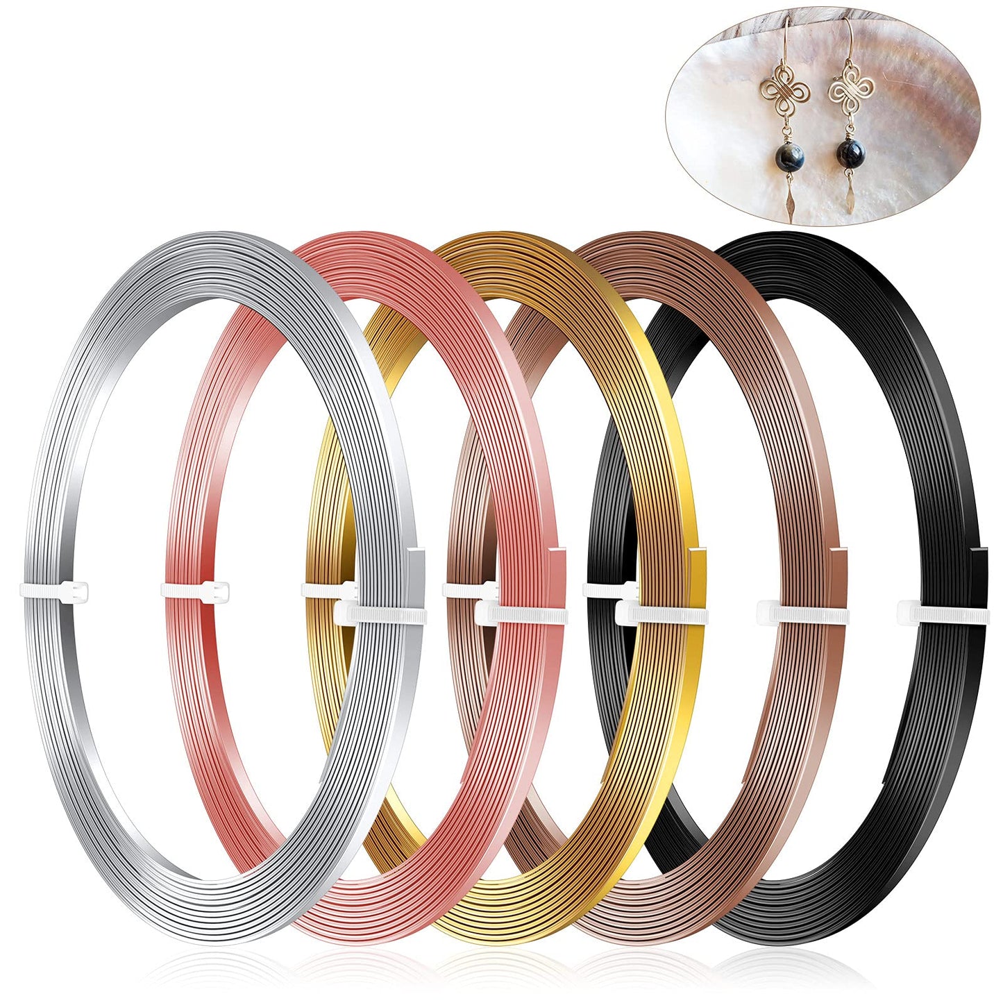 Hotop 5 Rolls Flat Aluminum Wire Bendable Anodized Craft Wire for Jewelry Making Soft Metal for DIY Bezel Sculpting, 16.4 Feet 3 mm, Gold, Silver, Black, Light Copper, Brown