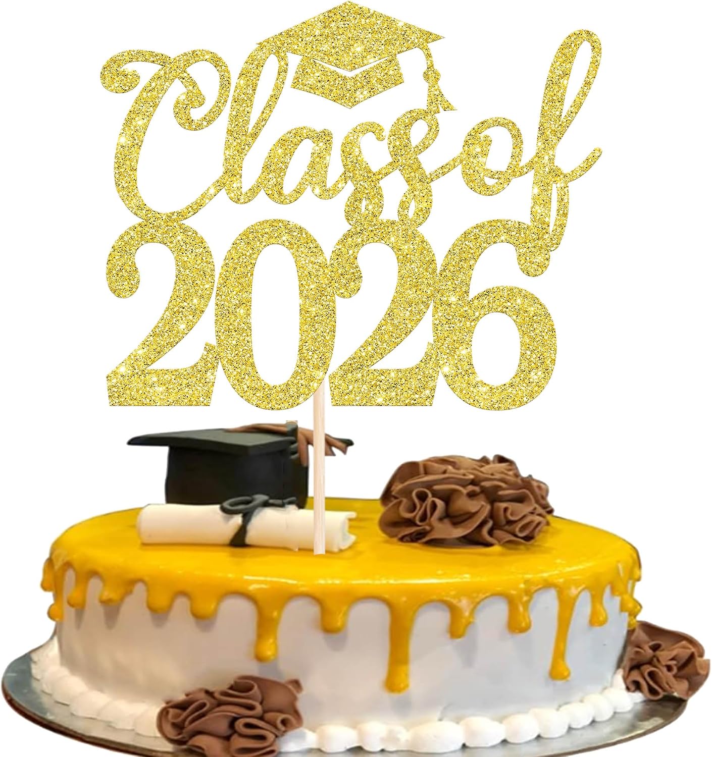Rsstarxi 1 Pack Class of 2026 Cake Topper Glitter Congrats Grad 2026 Graduation Cake Pick Decorations for 2026 Graduation Theme High School Graduate Party Cake Decorations Gold