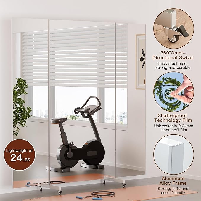 brisafe NanoMirror Non-Glass Ultra-Light Foldable Home Gym on Wheels, 71"x71" Extra Large Full Body Unbreakable Shatterproof Mirror, 360° Swivel for Yoga, Dance, Fitness Studio & Home Gym, White
