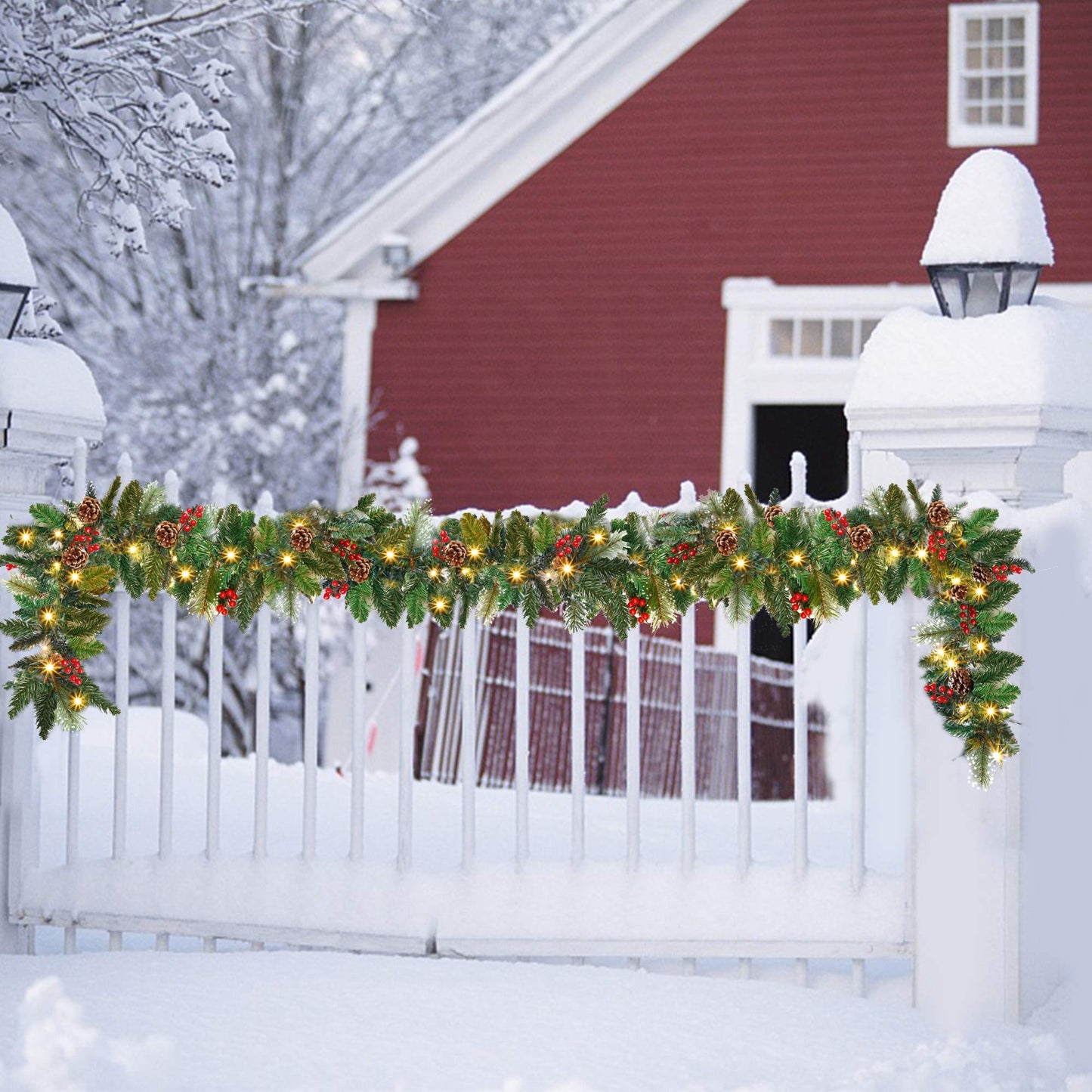 ATDAWN 9 Foot Christmas Lighted Garland, Battery Operated Christmas Garland with Lights, Garland Wreath with Pine Cones for Indoor Home Winter Holiday New Year Xmas Decorations