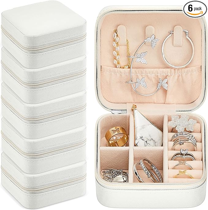 Taiyin 6 Pcs Travel Jewelry Case, Valentines Day Gifts for Her- Small Jewelry Organizer Box Bridesmaid Gifts for Women Girls (White)