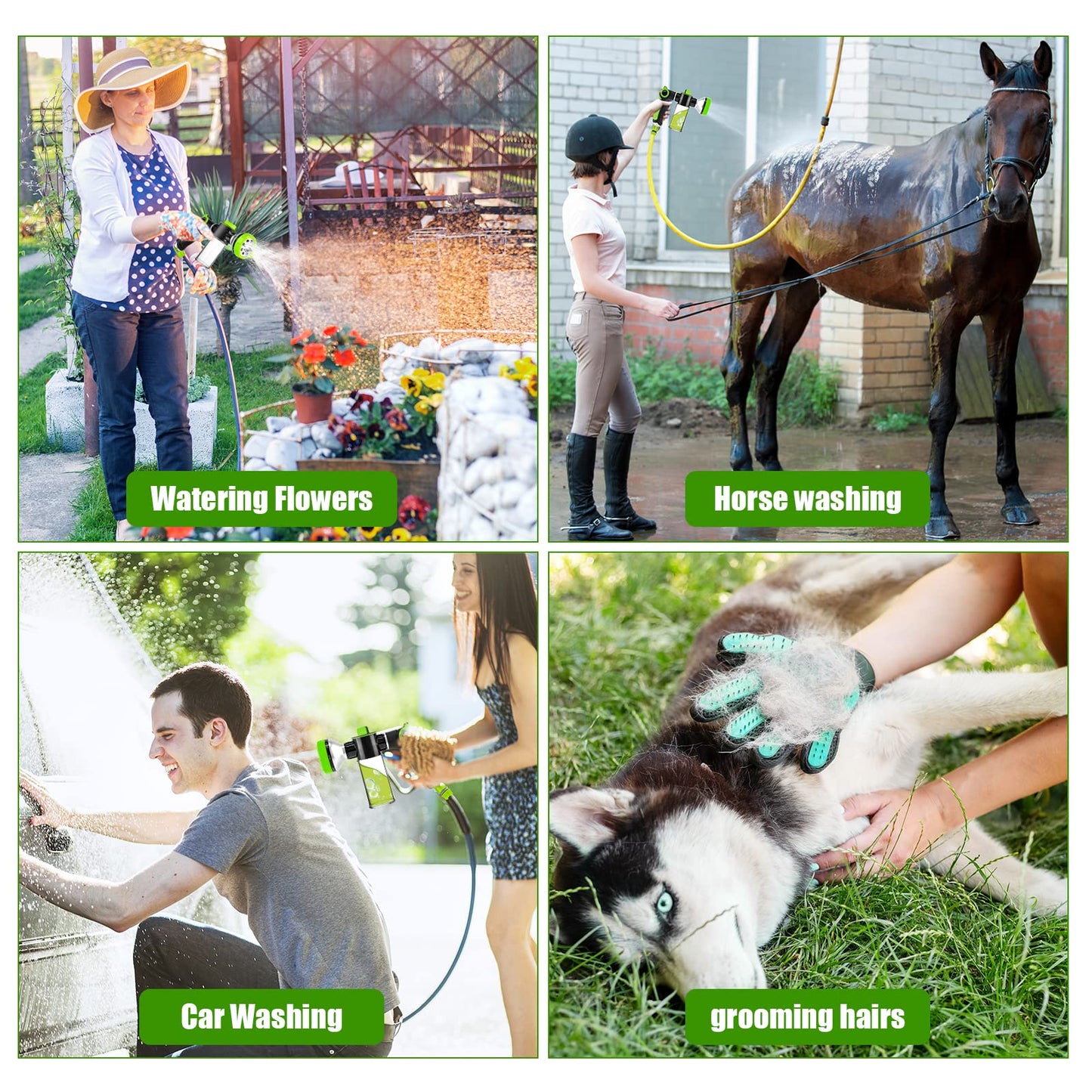 Upgraded Dog Wash Hose Attachment, 8-in-1 Sprayer Mode Garden Hose Nozzle with Pet Grooming Glove and 100cc Soap Dispenser Bottle, Adopted in Watering Flowers, Car Wash, Dog and Horse Showering