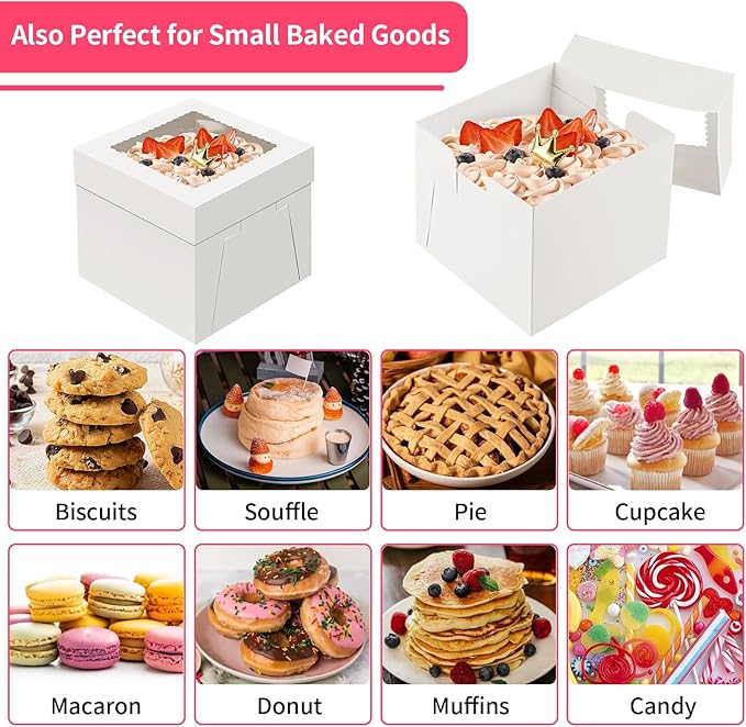 WINKIO 10x10x8 Inch Cake Box, 4 Pack White Cake Boxes with Window, Disposable Bakery Boxes 10 Inch for Cake Cookies Pies Cupcakes Pastry
