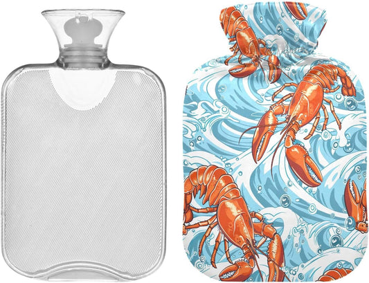 1L Large Hot Water Bottle with Cover, Orange Lobster Blue Sea Waves Cute Hot Water Bags for Hot and Cold Therapies, Menstrual Cramps, Neck and Shoulder Pain Relief