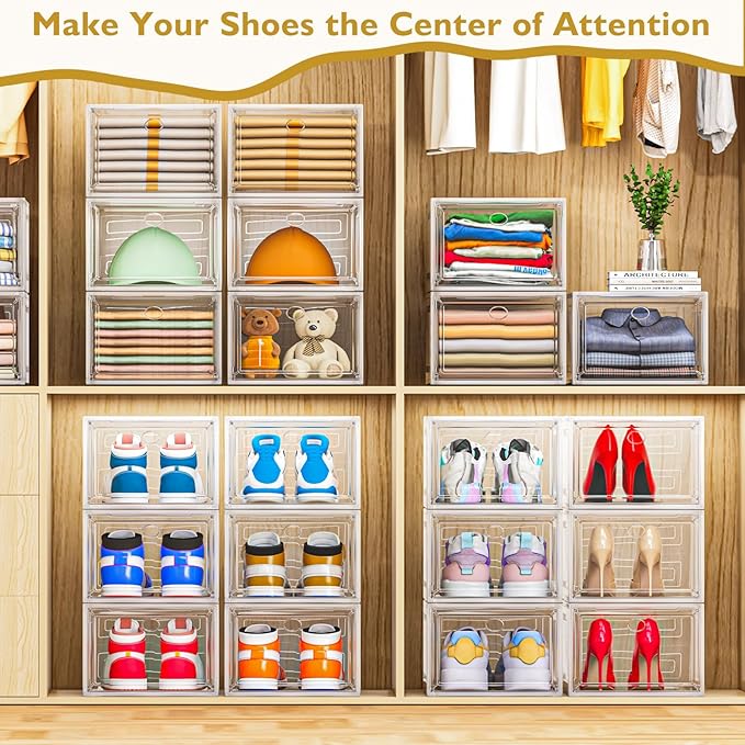12 Pack Clear Shoe Storage Organizer with Magnetic Door,Stackable Plastic Shoe Boxes for Sneakers,Boots,and Heels,Space-Saving Foldable Shoe Rack for Closet,Durable Shoe Cabinet Organizer,White