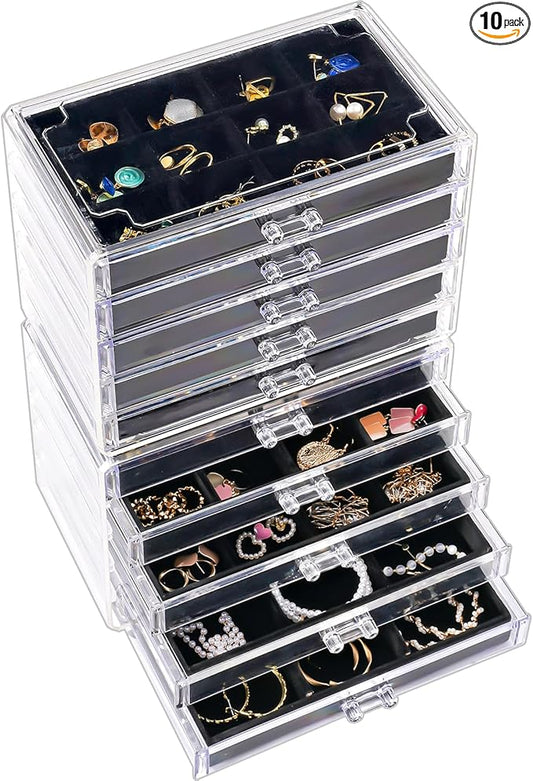ProCase Earring Holder Organizer Jewelry Box with 10 Drawers, Acrylic Clear Earring Case with Adjustable Velvet Trays for Women - Black,10 Layers