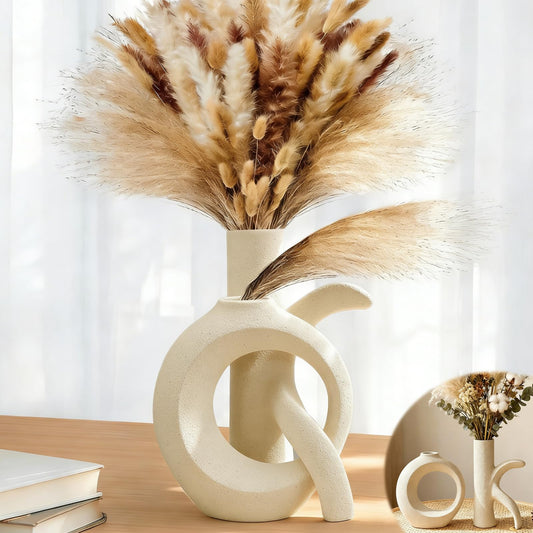 Assemble OK Ceramic Vase Set of 2 for Home Decor, Modern Boho Ins Style Matte Vase for Pampas Grass for Table Centerpiece, Living Room, Shelf, Mantle, Housewarming Gift (Beige White)