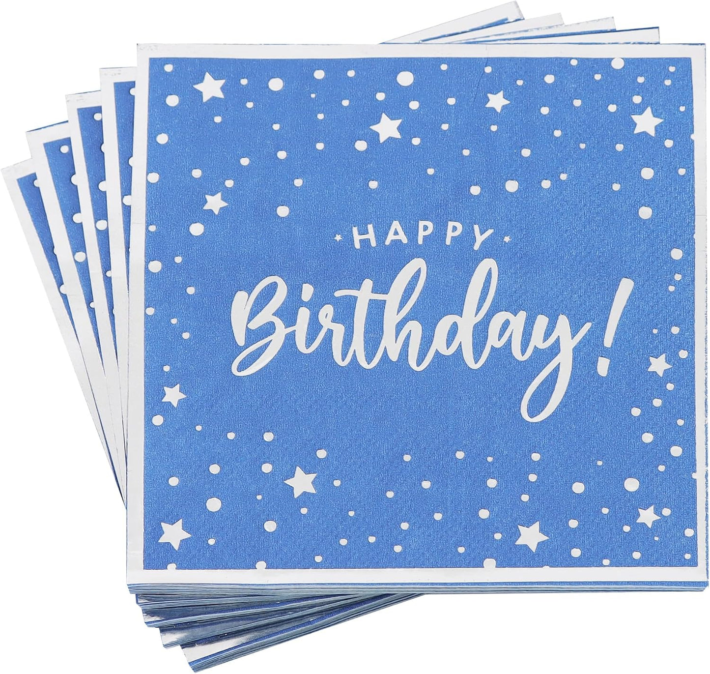 Vuzvuv 52 Pack Happy Birthday Cocktail Napkins with Confetti Silver Stamping - Birthday Party Dinner Hand Napkin for Party Supplies Decorations Table Decor for women man(5" Folded 3 Ply-Blue)
