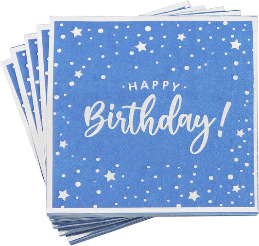 Vuzvuv 52 Pack Happy Birthday Cocktail Napkins with Confetti Silver Stamping - Birthday Party Dinner Hand Napkin for Party Supplies Decorations Table Decor for women man(5" Folded 3 Ply-Blue)