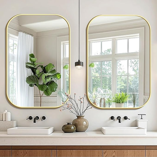 FICTOR Bathroom Vanity Mirror for Wall, 2 Pack 26" x 38" Rectangle Bathroom Mirror for Over Sink, Metal Framed, Hangs Horizontally or Vertically(Gold)