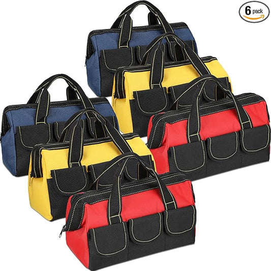 Silkfly 6 Pcs Tool Bag for Men Women Heavy Duty Tool Tote with Waterproof Hard Bottom Multi Pockets Large Mouth Organizer for Various Worker Electrician Carpenter Mechanic(13 Inch,Blue Red Yellow)