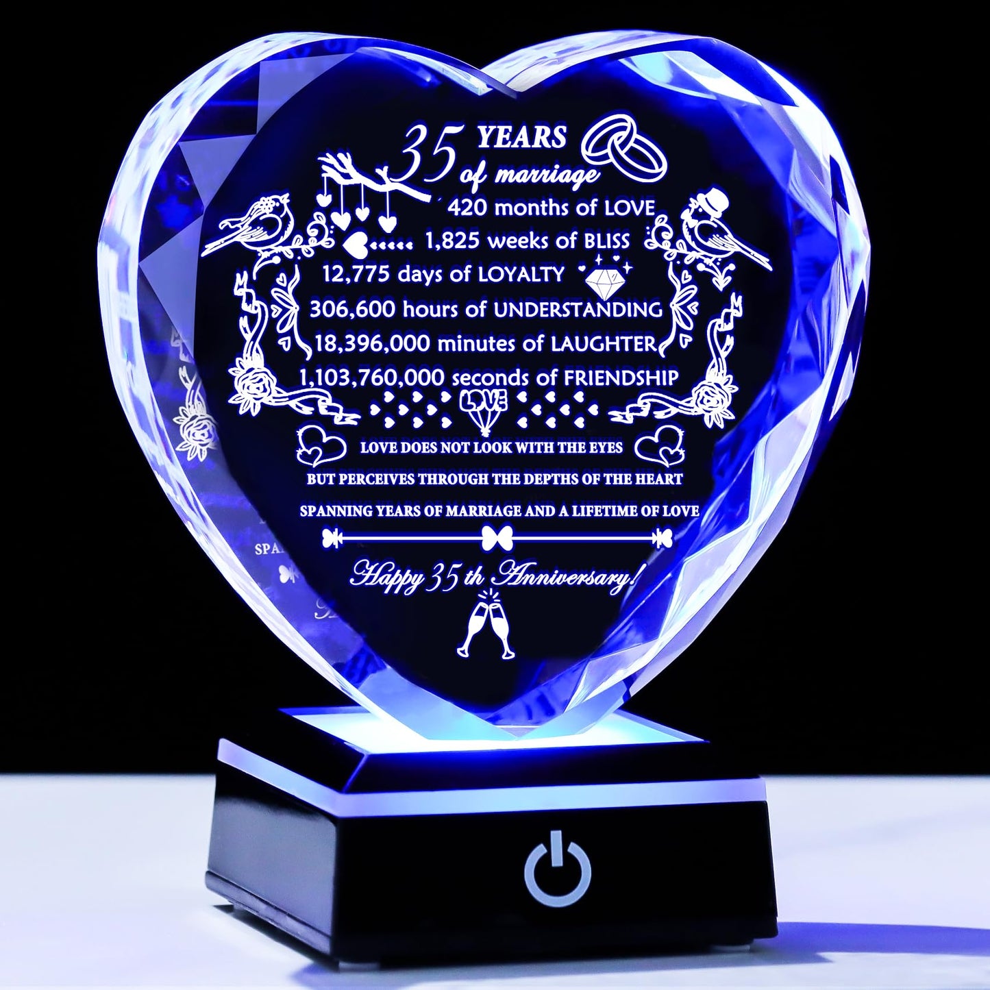 YWHL 35th Wedding Anniversary Crystal Gifts with LED Base Laser Engraved 35th Anniversary Heart Keepsake Gift for Couples Parents Romantic 35 Years of Anniversary Marriage Gifts for Wife Husband