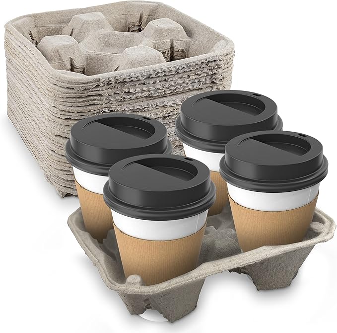 MT Products Pulp Fiber 4 Cup Drink Carrier 8-32 oz. - Drink Holder for Delivery - Pack of 25