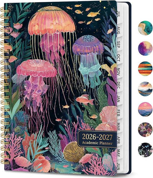 Academic Planner 2026-2027, Weekly and Monthly Calendar Book, July 2026 – June 2027, Hardcover Planner with Tabs, Perfect for Teachers, Students, Women & Men, A4 (8.5" x 11") - Jellyfish