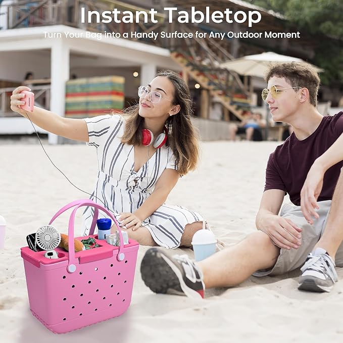 Tote Topper Tray Accessories for Bogg Bag Large Only – Waterproof EVA Table Top Organizer Lid with Cup Holder, Snack, Phone & Drink Holders for Beach, Pool, Picnic, Travel (Pink)