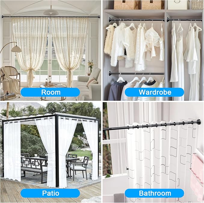 TEECK Shower Curtain Rod, 32-68 inch Adjustable Spring Tension Curtain Rod, Never Rust Anti-Slip Shower Curtain Rod for Bathroom, No Drilling, Never Collapse, Easy to Use, Black