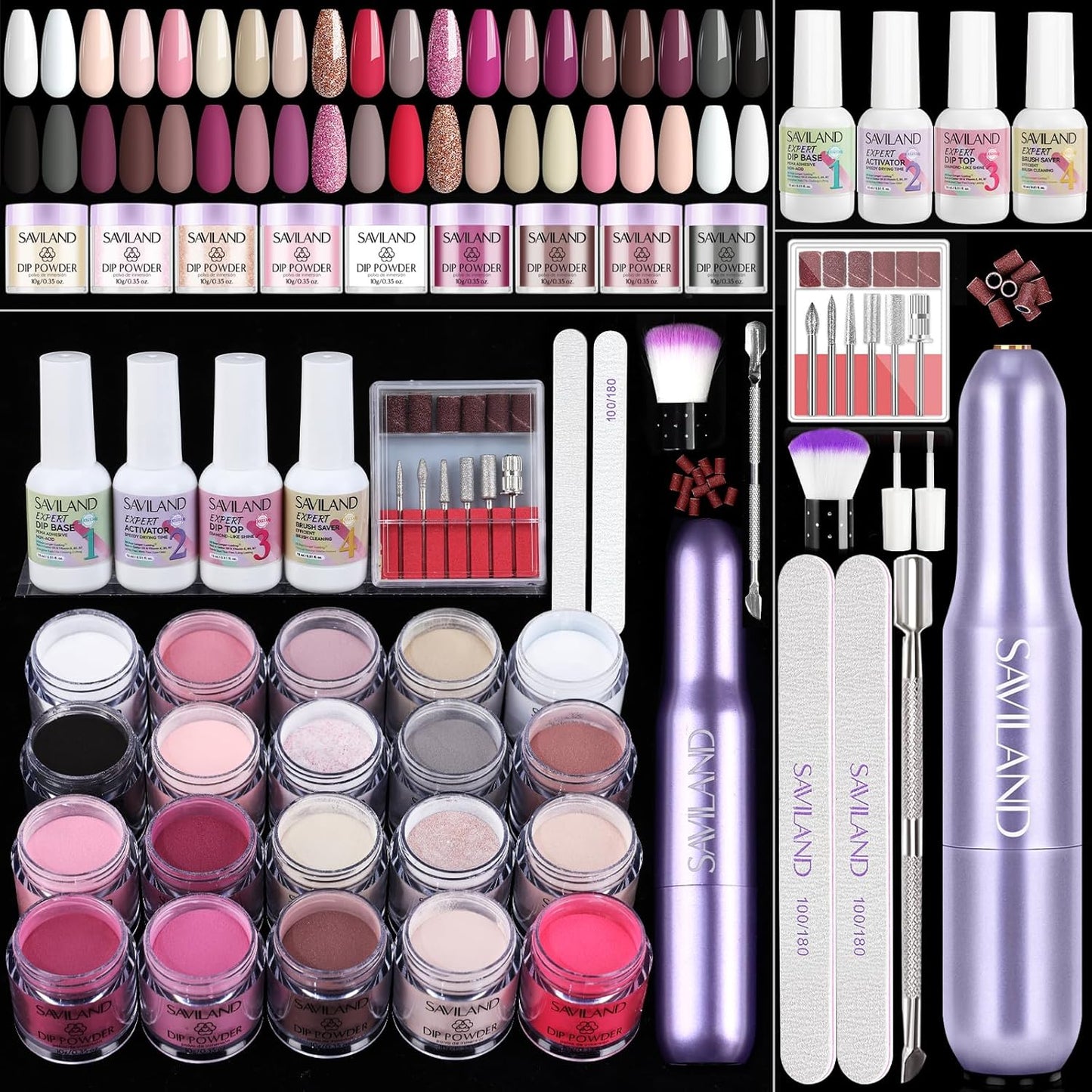 SAVILAND Advanced Dip Powder Nail Kit with Drill: 20 All Season Color Pink Nude Grey Dip Nails Powder Starter Kit with Essentials Liquid Set Dip Base Top Activator Brush Saver French Nail Art Women