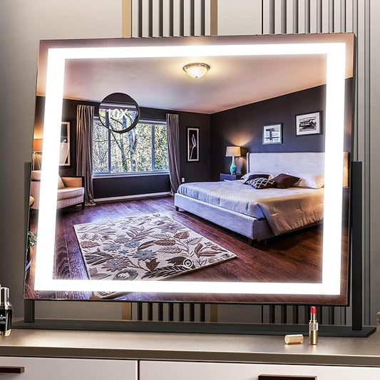 Hasipu Vanity Mirror with Lights, 24.2" x 19.7" LED Makeup Mirror, Light up Mirror with 10X Magnification, Smart Touch 3 Colors Dimmable, 360Â° Rotation (Right Angle Black)