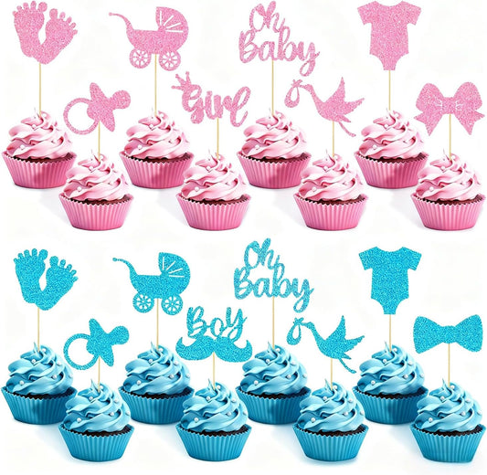32 PCS Baby Gender Reveal Cupcake Topper Decorations Bule and Pink Glitter Gender Reveal Cupcake Decor for Boy or Girl Theme Baby Shower Kids Birthday Party Cake Decorations Supplies