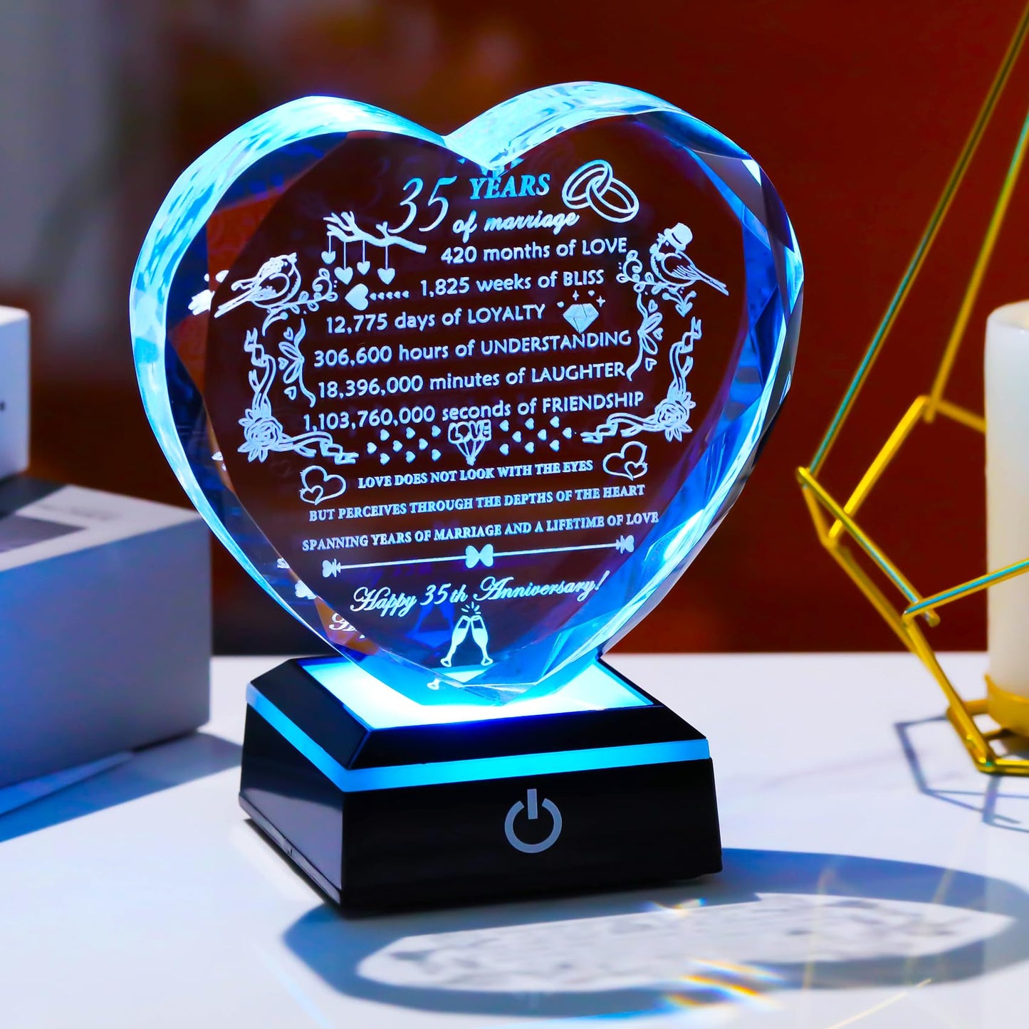 YWHL 35th Wedding Anniversary Crystal Gifts with LED Base Laser Engraved 35th Anniversary Heart Keepsake Gift for Couples Parents Romantic 35 Years of Anniversary Marriage Gifts for Wife Husband