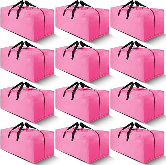 Cosy Family 12 Pack Heavy Duty Extra Large Moving Bags with Backpack Straps - Strong Handles & Zippers, Storage Totes For Space Saving, Fold Flat, Alternative to Moving Box, Pink