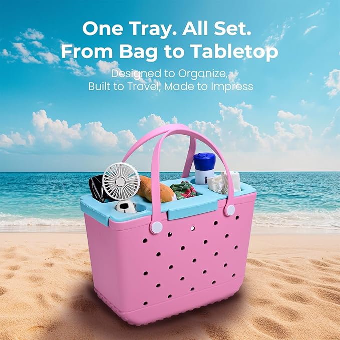 Topper Tray for Bogg Bag Large Only – Waterproof EVA Table Top Organizer Lid with Cup Holder, Snack, Phone & Drink Holders for Beach, Pool, Picnic, Travel (Blue)