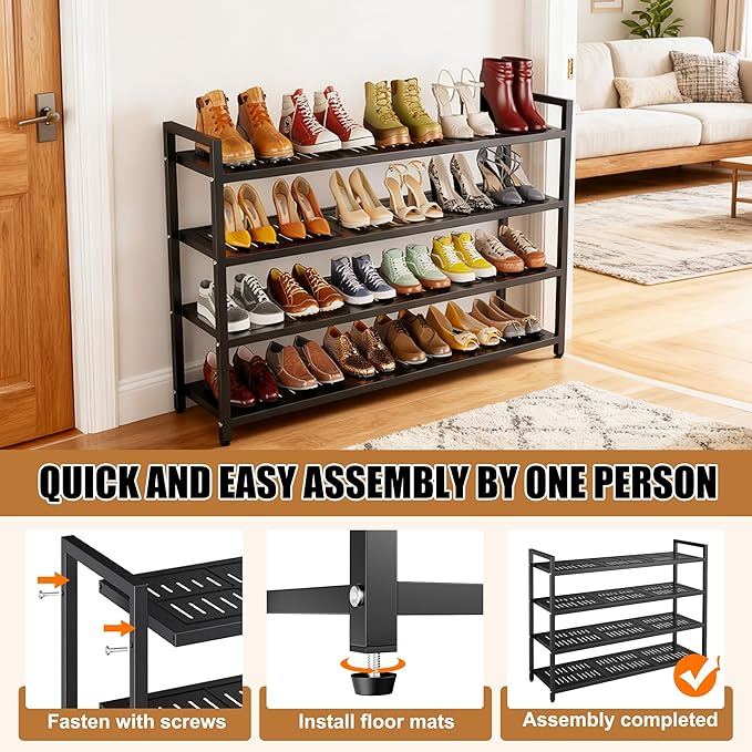5-Tier Shoe Rack, Large Capacity Metal Free Standing Shoes Rack, Sturdy and Durable Shoe Organizer, Shoe Shelf for Closet, Entryway, Bedroom, for 28-30 Pairs, 42.1" W x 9.8" D x 35.4" H, Black