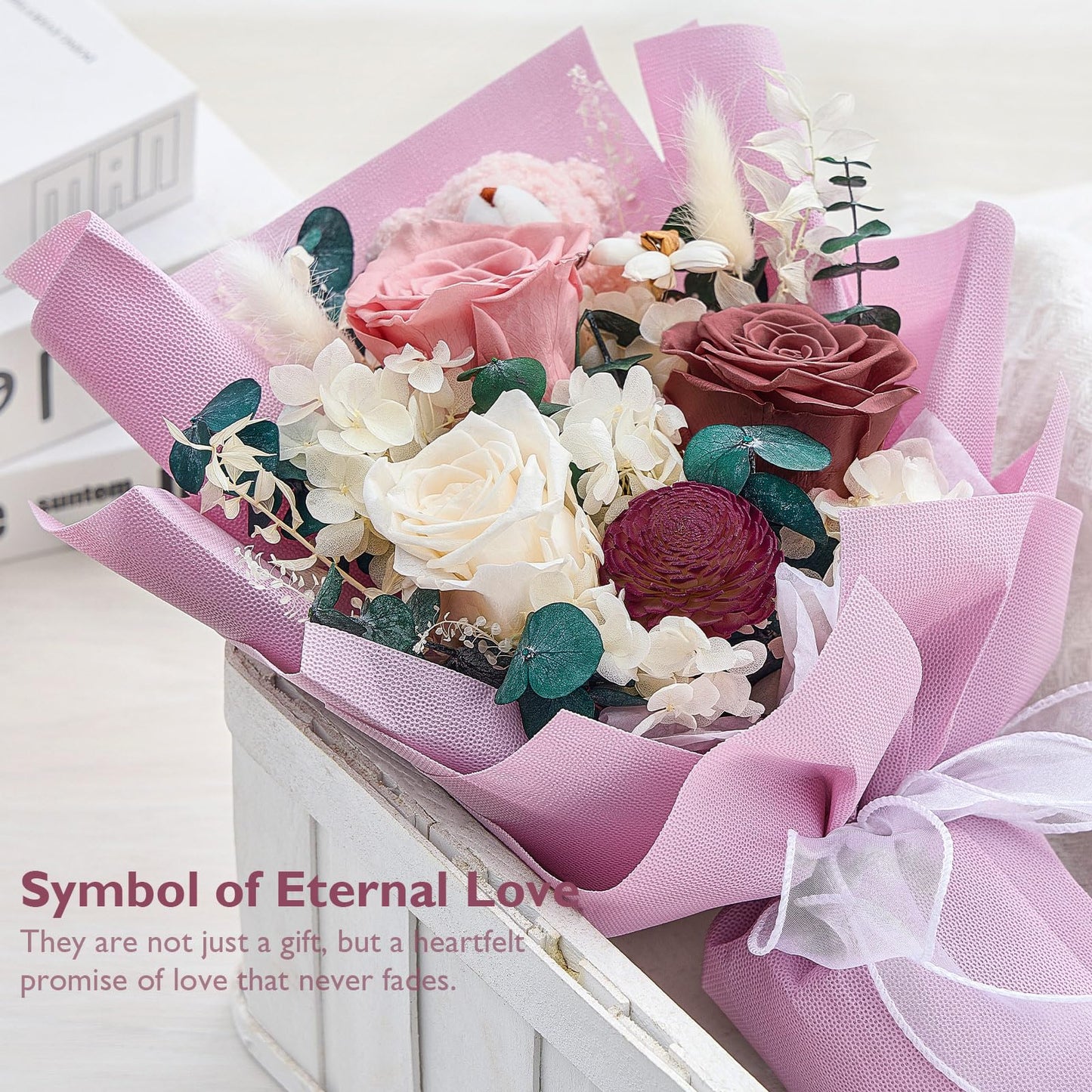 Polylove Forever Flower Bouquet Flowers for Delivery Prime Preserved Roses with Bear Gift Box for Wife Women Mother Day Anniversary Birthday