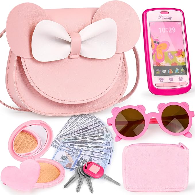 Oisacirg Play Purse for Little Girls, 23PCS Toddler Purse with Pretend Makeup for Kids, Princess Toys Includes Crossbody Bag, Phone, Wallet, Keys, Kids Toy Purse Birthday Gift Toys for Girls 3 4 5 6+