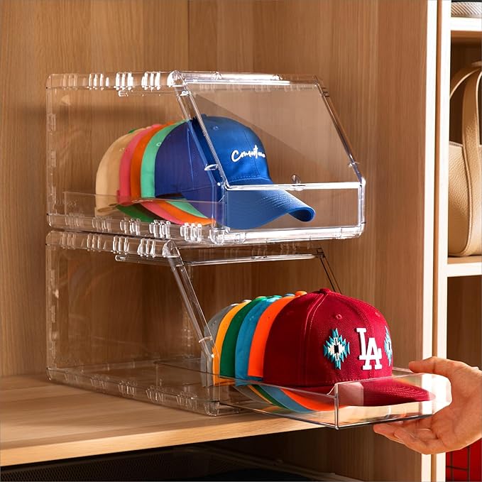 Hat Organizer Box â Stackable Clear Display Box with Sliding Drawer, Holds 15 Baseball Caps, Closet and Shelf Organizer for Hats, Transparent Display with Anti-Slip Feet