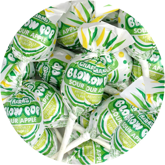 Charms Green Sour Apple Blow Pops, 1lb Bulk Bag (Approx 22), Green Apple Sour Candy Gum Filled Lollipops, Individually Wrapped Bulk Hard Candy, The Hampton Popcorn & Candy Company