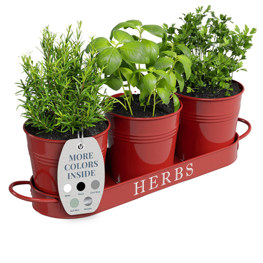Barnyard Designs Indoor Herb Garden Planter Set with Tray, Metal Windowsill Plant Pots with Drainage for Outdoor or Indoor Plants, Set/3 (Brick Red)