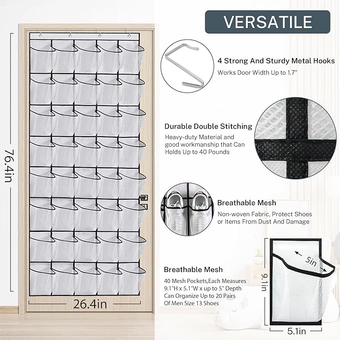 40-Pocket Over the Door Shoe Organizer - Large Mesh Pocket Hanging Shoe Organizer,Behind the Door Shoes Storage Holder Hanger,Large Capacity Design for Dorm Room College,Store 20 Pairs(Grey)